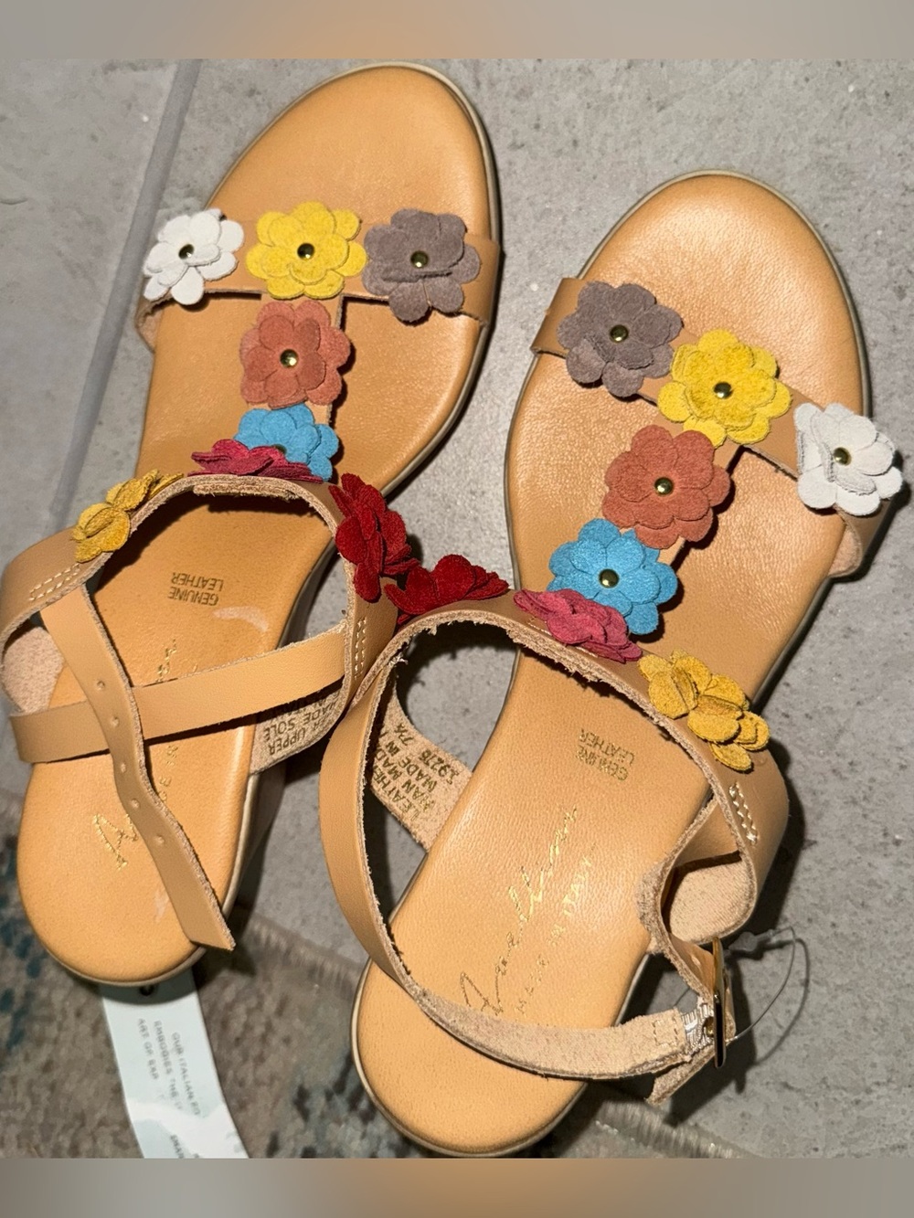 Women's Tan Floral Leather T-Strap Sandals